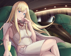 Rule 34 | 1girl, blonde hair, blue eyes, breasts, car interior, commentary, couch, cup, drinking glass, earrings, gigi andalusia, gundam, gundam hathaway&#039;s flash, jewelry, long hair, looking at viewer, medium breasts, nail polish, pink nails, sidelocks, sitting, solo, triangle earrings, yuuyu (sun yuu)