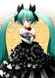 Rule 34 | 1girl, aqua eyes, aqua hair, bad id, bad pixiv id, bare shoulders, blush, choker, crossed arms, dress, elbow gloves, gloves, gown, hatsune miku, highres, jewelry, long hair, necklace, nekota susumu, one eye closed, smile, solo, strapless, strapless dress, twintails, very long hair, vocaloid, wink