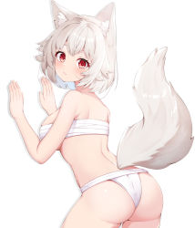 Rule 34 | 1girl, animal ears, ass, blush, breasts, closed mouth, cowboy shot, fundoshi, inubashiri momiji, japanese clothes, large breasts, looking to the side, red eyes, rururiaru, sarashi, short hair, simple background, solo, tail, touhou, white background, white hair, wolf ears, wolf tail