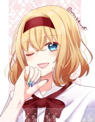 Rule 34 | 1girl, ;d, alice margatroid, artist name, blonde hair, blue eyes, bow, hairband, highres, looking at viewer, medium hair, one eye closed, open mouth, red bow, red hairband, red lips, sakura yuto, shirt, smile, solo, touhou, twitter username, upper body, white shirt