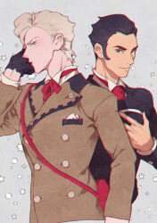 Rule 34 | 2boys, ace attorney, bag, black hair, black jacket, blonde hair, blue eyes, brown jacket, closed mouth, collared shirt, formal, gloves, hat, unworn hat, unworn headwear, holding, holding clothes, holding hat, jacket, long sleeves, male focus, multiple boys, noi350, red ribbon, ribbon, shirt, short hair, smile, susato mikotoba, the great ace attorney, the great ace attorney 2: resolve, upper body, white shirt, yujin mikotoba