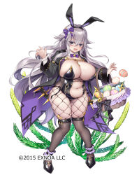 1girl @_@ animal_ears bags_under_eyes belly black_eyes black_thighhighs breasts cleavage easter_egg egg fat fishnet_pantyhose fishnets flower_knight_girl grey_hair hair_between_eyes huge_breasts large_breasts leotard long_hair looking_at_viewer mg_kurino mojyo navel open_clothes open_mouth pantyhose playboy_bunny plump rabbit_ears sigillaria_(flower_knight_girl) simple_background solo thighhighs white_background