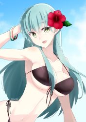Rule 34 | 1girl, :d, alternate costume, aqua hair, arm behind head, bikini, black bikini, breasts, cleavage, dated, flower, green eyes, hair flower, hair ornament, hairclip, highres, kantai collection, kimura shiki, large breasts, long hair, looking at viewer, navel, one-hour drawing challenge, open mouth, smile, solo, suzuya (kancolle), swimsuit, twitter username
