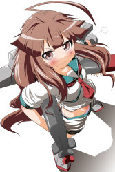 Rule 34 | 10s, 1girl, ahoge, bad id, bad pixiv id, blush, brown eyes, brown hair, carrying, carrying under arm, from above, kantai collection, kuma (kancolle), light smile, long hair, looking at viewer, looking up, midriff, neckerchief, panties, shadow, shirt, solo, spiked hair, standing, unbuttoned, underwear, wavy mouth, white panties, white shirt, zenra yashiki