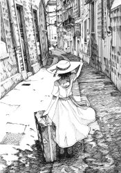 Rule 34 | 1girl, absurdres, arm up, building, cluseller, dappled sunlight, dress, female focus, from behind, full body, grate, greyscale, hat, hat ribbon, highres, monochrome, original, ribbon, road, sash, sewer grate, shoes, short hair, short sleeves, sign, solo, standing, street, suitcase, sun hat, sunlight, traditional media, waving