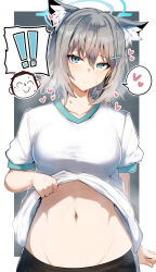 Rule 34 | 1boy, 1girl, animal ear fluff, animal ears, blue archive, blue eyes, blue halo, breasts, cat ears, cat girl, clothes lift, collarbone, doodle sensei (blue archive), dress, dress lift, gin moku, grey hair, halo, heart, highres, large breasts, looking at viewer, medium hair, navel, open mouth, sensei (blue archive), shiroko (blue archive), shirt, shirt lift, short sleeves, solo, spoken heart, standing, sweat, white shirt