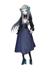 Rule 34 | 1boy, absurdres, black pantyhose, blue hair, blue nails, butterfly hair ornament, die (ohisashiburi), evil smile, fingernails, full body, grey hair, grey skirt, grin, hair ornament, high-waist skirt, high heels, highres, long hair, long sleeves, looking at viewer, male focus, multicolored hair, nail polish, ohisashiburi, original, pale skin, pantyhose, red eyes, sharp fingernails, simple background, skirt, smile, solo, standing, streaked hair, trap, white background