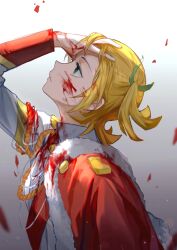 Rule 34 | 1girl, aiguillette, arm at side, arm up, blonde hair, blood, blood in hair, blood on clothes, blood on face, blood on hands, chinese commentary, closed mouth, commentary request, daiba nana, epaulettes, expressionless, from side, fur-trimmed jacket, fur trim, gradient background, green eyes, green ribbon, grey background, hair ribbon, hana zi, hand on own forehead, hand on own head, highres, jacket, jacket on shoulders, long sleeves, looking ahead, looking up, profile, red jacket, red sash, ribbon, sash, short hair, short twintails, shoujo kageki revue starlight, shoulder sash, solo, twintails, upper body, white background, white jacket