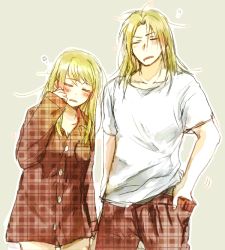 Rule 34 | 1boy, 1girl, blonde hair, blush, borrowed clothes, breasts, closed eyes, cowboy shot, edward elric, fingernails, fullmetal alchemist, grey background, hand in pocket, height difference, long hair, long sleeves, messy hair, no pants, pajamas, saliva, shirt, simple background, sleepy, standing, thighs, tsukuda0310, unmoving pattern, upper body, white shirt, winry rockbell