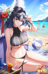 Rule 34 | 3girls, ball, bare arms, bare shoulders, beach, beach towel, beachball, bikini, bikini skirt, black bikini, black hair, blue eyes, blue sky, breasts, can, character request, commentary, day, drink can, eyewear on head, fall (aki), flower, food, french fries, hair between eyes, hair intakes, hakos baelz, hat, hat flower, hibiscus, highres, hololive, hololive english, large breasts, long hair, looking at viewer, multiple girls, nanashi mumei, navel, o-ring, o-ring bikini, ocean, one-piece swimsuit, orange hair, ouro kronii, outdoors, parted lips, pepsi, red flower, red hair, short hair, sitting, skirt, sky, soda can, starfish, stomach, sunglasses, swimsuit, thighhighs, thighs, towel, twintails, underboob, very long hair, virtual youtuber, wading, water, wcdonald&#039;s, white bikini, white headwear, white skirt