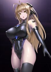 Rule 34 | 1girl, absurdres, amagi brilliant park, antenna hair, barcode, barcode tattoo, black gloves, black leotard, black thighhighs, blonde hair, breasts, commentary request, covered erect nipples, covered navel, elbow gloves, empty eyes, facial mark, gloves, gradient background, hair intakes, hair ribbon, hand on own hip, highleg, highleg leotard, highres, large breasts, leotard, long hair, looking at viewer, miyashiro ryuutarou, ribbon, sento isuzu, solo, tattoo, thighhighs, yellow eyes