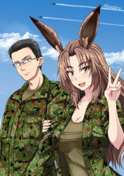 Rule 34 | 10s, 1boy, 1girl, :d, aircraft, airplane, animal ears, arm hug, black hair, blue eyes, blush, breasts, brown hair, rabbit ears, camouflage, cleavage, cloud, contrail, couple, day, delilah (gate), fighter jet, gate - jieitai ka no chi nite kaku tatakaeri, glasses, hetero, inoshira, jet, large breasts, military, military uniform, military vehicle, open mouth, outdoors, shirt, short hair, signature, sky, smile, taut clothes, taut shirt, uniform, v, yanagida (gate), yellow eyes