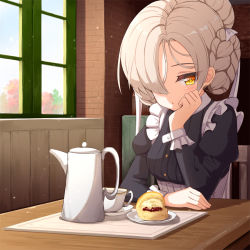 Rule 34 | 1girl, ame., apron, azur lane, black dress, blush, braid, breasts, brick wall, chair, closed mouth, commentary request, cup, dress, food, hair over one eye, hand up, indoors, juliet sleeves, light brown hair, long sleeves, looking at viewer, medium breasts, on chair, puffy sleeves, saucer, sheffield (azur lane), sitting, solo, table, teacup, teapot, tray, upper body, white apron, window, yellow eyes