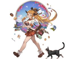 Rule 34 | 1girl, animal, bag, blonde hair, blue sky, bow, bowtie, breasts, candy, cat, cloud, doughnut, draph, flower, food, full body, glasses, granblue fantasy, green eyes, hair ornament, holding, horns, ice cream, large breasts, long hair, looking at viewer, map, minaba hideo, official art, parted lips, pleated skirt, pointy ears, ponytail, pudding, sarya (granblue fantasy), shirt, shoes, short sleeves, single horn, skirt, sky, smile, spoon, transparent background
