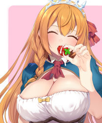 Rule 34 | 1girl, ascot, braid, breasts, cleavage, closed eyes, cream, eating, food, fruit, hair between eyes, hair ribbon, highres, large breasts, long hair, matsukawa (pale scarlet), orange hair, pecorine (princess connect!), pink background, princess connect!, red ascot, red ribbon, ribbon, solo, strawberry, tiara, upper body, white background