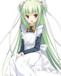 Rule 34 | 1girl, :d, alternate costume, apron, black dress, blush, bow, brooch, brown bow, cariboy, collared dress, commentary request, dress, enmaided, frilled apron, frills, green hair, hair ribbon, jewelry, long hair, long sleeves, maid, maid apron, murasame (senren), open mouth, red eyes, ribbon, senren banka, shadow, sitting, smile, solo, striped, striped bow, two side up, very long hair, white apron, white background, white ribbon