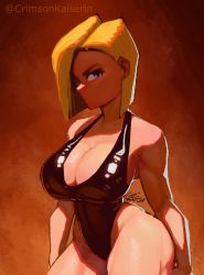 Rule 34 | 1girl, alternate breast size, android 18, bare legs, bare shoulders, black one-piece swimsuit, blonde hair, breasts, crimson kaiserin, curvy, dragon ball, expressionless, large breasts, one-piece swimsuit, shiny skin, solo, swimsuit