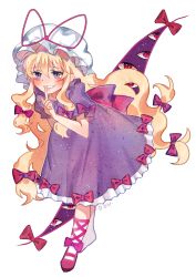 Rule 34 | 1girl, absurdres, back bow, blonde hair, blush, bow, chinese commentary, commentary request, dress, finger to mouth, full body, gap (touhou), grin, hair between eyes, hair bow, hand up, hat, highres, index finger raised, long hair, looking at viewer, mob cap, pink bow, pink footwear, pink ribbon, puffy short sleeves, puffy sleeves, purple dress, purple eyes, ribbon, shoes, short sleeves, signature, simple background, smile, solo, touhou, white background, white hat, xianyu liang, yakumo yukari