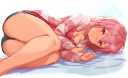 Rule 34 | 1girl, absurdres, akamine yuuna, ass, bare legs, bed sheet, black footwear, blush, breasts, cleavage, closed mouth, commentary request, feet out of frame, highres, jacket, long sleeves, looking at viewer, lying, michairu, on bed, on side, open clothes, open jacket, pink eyes, pink hair, pink jacket, short hair, short shorts, shorts, small breasts, smile, solo, striped clothes, striped jacket, yuuki yuuna wa yuusha de aru, yuusha de aru