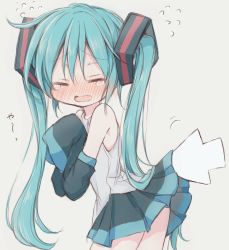 Rule 34 | 1girl, absurdres, aqua hair, aqua necktie, bad id, bad twitter id, bare shoulders, black skirt, black sleeves, blush, closed eyes, clothes lift, cursor, detached sleeves, embarrassed, from side, full-face blush, grey background, grey shirt, hair ornament, hands up, hatsune miku, highres, hitode, leaning forward, long hair, necktie, shirt, skirt, skirt lift, sleeveless, sleeveless shirt, sleeves past fingers, sleeves past wrists, solo, sweatdrop, translated, twintails, very long hair, vocaloid