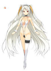 Rule 34 | 1girl, asymmetrical legwear, bare shoulders, barioth, bikini, blush, breasts, capcom, collarbone, female focus, floating, frown, full body, groin, headdress, horns, long hair, looking at viewer, maid headdress, monster hunter (series), navel, ohta yuichi, personification, red eyes, simple background, single thighhigh, slingshot swimsuit, solo, swimsuit, thighhighs, uneven legwear, very long hair, white background, white hair, white thighhighs, wrist cuffs