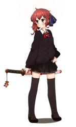 Rule 34 | 1girl, amonitto, black thighhighs, bow, bowtie, hair bow, hair ribbon, holding, katana, looking at viewer, original, pleated skirt, red eyes, red hair, ribbon, school uniform, skirt, solo, sword, thighhighs, weapon, zettai ryouiki