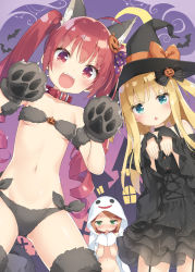 Rule 34 | &gt;:d, 3girls, :d, ahoge, animal ears, animal hands, bed sheet, bikini, black dress, blonde hair, blush, breasts, brown hair, chestnut mouth, collar, covering chest, covering privates, dress, fur, garter straps, ghost costume, gloves, green eyes, hair ornament, halloween, halloween costume, hat, hazuki watora, jack-o&#039;-lantern, jack-o&#039;-lantern hair ornament, kani biimu, long hair, looking at viewer, minazuki sarami, multiple girls, naked sheet, navel, nose blush, open mouth, original, paw gloves, red eyes, red hair, shimotsuki potofu, side-tie bikini bottom, sidelocks, small breasts, smile, swimsuit, tail, tears, twintails, underboob, v-shaped eyebrows, witch hat