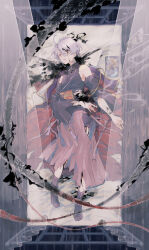 Rule 34 | 1boy, between fingers, black blood, black shirt, black socks, blood, blood on clothes, blood on face, blood splatter, book, brooch, brooch removed, bungou to alchemist, cape, cigarette, crescent, crescent pin, curtains, detached sleeves, full body, genkou youshi, hakama, hip vent, holding, holding cigarette, hugging object, ink, intravenous drip, japanese clothes, jewelry, kitahara hakushuu (bungou to alchemist), long sleeves, looking at viewer, lying, male focus, on back, on bed, paper, pink eyes, purple hair, purple hakama, red cape, shirt, short hair, sleeveless, sleeveless shirt, smoke, socks, solo, tabi, tassel, torn clothes, transparent curtains, tray, two-sided cape, two-sided fabric, wazuka (wzzc), white cape, wide sleeves, window