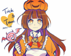 Rule 34 | 1girl, amelia (trick and treat), apron, artist request, blunt bangs, bow, bowtie, brown eyes, brown hair, candy, food, halloween, lollipop, long hair, maid, maid apron, pumpkin hat, smile, solo, trick and treat (game)