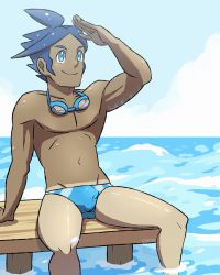 Rule 34 | 1boy, absurdres, alolan boy, arm support, arm up, bad id, bad twitter id, blue eyes, blue hair, blue male swimwear, blue swim briefs, bulge, closed mouth, cloud, collarbone, commentary, cowlick, creatures (company), english commentary, game freak, goggles, goggles around neck, gym leader, highres, knees, looking up, male focus, male swimwear, marlon (pokemon), nintendo, outdoors, pokemon, pokemon bw2, sitting, sky, smile, solo, spread legs, swept bangs, swim briefs, swimsuit, tan, tanline, water