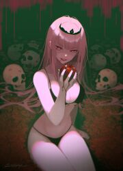 Rule 34 | 1girl, apple, bikini, black bikini, black nails, blood, blood on face, blood on hands, blunt bangs, breasts, flower, food, fruit, hair over shoulder, hair spread out, highres, holding, holding food, holding fruit, hololive, hololive english, large breasts, lipstick, lipstick mark, long hair, looking at viewer, makeup, mori calliope, nail polish, pale skin, pink hair, red eyes, red flower, red lips, red rose, rose, sidelocks, sitting, skull, solo, stomach, straight hair, swimsuit, thighs, tiara, velephyr, very long hair, virtual youtuber