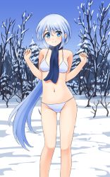 Rule 34 | 1girl, aposine, bare tree, bikini, blue eyes, blue hair, breasts, breath, day, forest, highres, light blue hair, long hair, looking at viewer, low-tied long hair, medium breasts, nature, navel, original, outdoors, pine tree, scarf, smile, snow, solo, standing, swimsuit, tree, very long hair, w arms, white bikini, winter