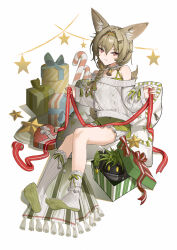 Rule 34 | 1girl, absurdres, arknights, asymmetrical legwear, bare shoulders, beanstalk (arknights), beanstalk (gift uncompleted) (arknights), box, braid, candy, candy cane, commentary request, dress, food, full body, gift, gift box, green dress, green hairband, green ribbon, green socks, hair ornament, hairband, hairclip, heart-shaped box, highres, holding, holding ribbon, hyena ears, hyena girl, hyena tail, in box, in container, light brown hair, long hair, long sleeves, looking at viewer, metal crab (arknights), neck garter, off-shoulder sweater, off shoulder, official alternate costume, parted lips, pillow, red eyes, red ribbon, ribbon, simple background, sitting, smile, socks, solo, star (symbol), sweater, white background, white socks, white sweater, zhoi star