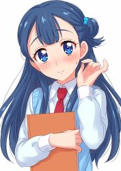 Rule 34 | 10s, 1girl, blue eyes, blue hair, blue vest, blush, book, closed mouth, collared shirt, hair bobbles, hair ornament, highres, holding, holding book, hugtto! precure, long hair, long sleeves, necktie, pinky out, precure, red necktie, sekina, shirt, simple background, solo, sweatdrop, upper body, vest, white background, white shirt, wing collar, yakushiji saaya
