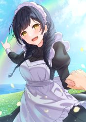 Rule 34 | 1girl, :d, absurdres, apron, black dress, black hair, blue sky, blush, braid, breasts, buntason (buritarooooo), commentary request, cowboy shot, day, dress, foreshortening, frilled apron, frills, highres, holding hands, juliet sleeves, long hair, long sleeves, looking at viewer, maid headdress, meadow, medium breasts, open mouth, original, outdoors, petals, pointing, pov, puffy sleeves, rainbow, sky, smile, solo focus, twin braids, white apron, yellow eyes