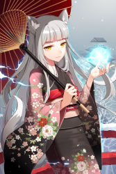 Rule 34 | 1girl, animal ears, blunt bangs, electricity, floral print, fox ears, fox tail, gilse, henlifei (sword girls), japanese clothes, kimono, light smile, long hair, looking at viewer, obi, oil-paper umbrella, orb, sash, silver hair, snow, solo, sword girls, tail, umbrella, wolf ears, wolf tail, yellow eyes