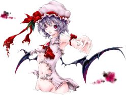 Rule 34 | 1girl, armband, bat wings, female focus, hat, highres, navel, no pants, pink eyes, remilia scarlet, shiki takuto, short hair, silver hair, solo, torn clothes, touhou, white background, wings