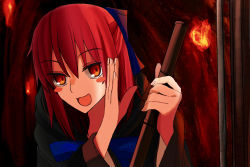 Rule 34 | 1girl, :3, bamboo broom, blue bow, blush stickers, bow, broom, hair bow, hand up, highres, kohaku (tsukihime), long hair, looking at viewer, pikaremon, red hair, smile, solo, torch, tsukihime, upper body, wide sleeves