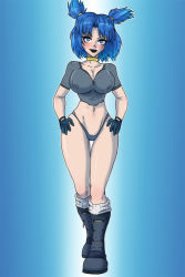 Rule 34 | artist request, blue hair, breasts, cleavage, curvy, hands on own hips, jet force gemini, large breasts, panties, short twintails, source request, thong, twintails, underwear, vela (jet force gemini), wide hips