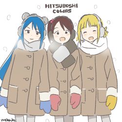 Rule 34 | 3girls, :d, ^ ^, akamatsu yui, aoyama kotoha (mitsuboshi colors), arms at sides, artist name, blonde hair, blue hair, breath, brown hair, child, closed eyes, closed mouth, coat, cold, copyright name, cowboy shot, dot nose, earmuffs, facing viewer, kise saki, long hair, long sleeves, looking at viewer, low-tied long hair, mebachi, mitsuboshi colors, mittens, multiple girls, open mouth, outdoors, pocket, scarf, short hair, side ponytail, signature, simple background, smile, snow, snowing, standing, tareme, v-shaped eyebrows, very long hair, white background, |d