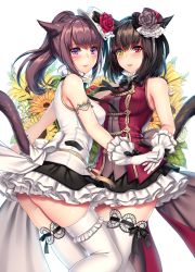 Rule 34 | 2girls, animal ears, aruma jiki, ass, blush, bow, brown hair, cat ears, cat girl, cat tail, cowboy shot, facial mark, female focus, final fantasy, final fantasy xiv, flower, frilled legwear, frills, gloves, green eyes, happy, hat, heterochromia, high collar, holding hands, lace, looking at viewer, miniskirt, miqo&#039;te, multiple girls, open mouth, purple eyes, red eyes, red hat, ribbon, rose, shiny skin, simple background, skirt, sleeveless, smile, standing, sunflower, tail, thighhighs, whisker markings, white background, white gloves, white hat, white legwear