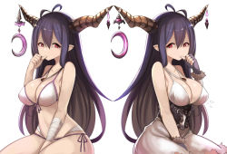 Rule 34 | 10s, 1girl, antenna hair, atg (wttoo0202), bandages, bandaged arm, bandages, bikini, black hair, breasts, cleavage, danua, draph, granblue fantasy, highres, horns, large breasts, long hair, multiple views, pointy ears, red eyes, side-tie bikini bottom, simple background, swimsuit, thumb sucking, white background