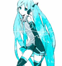 Rule 34 | 1girl, aqua eyes, aqua hair, bad id, bad pixiv id, blue theme, expressionless, hatsune miku, iko (i-my-16), long hair, looking at viewer, monochrome, necktie, solo, twintails, vocaloid