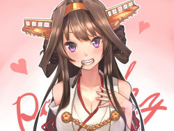 Rule 34 | 10s, 1girl, ahoge, baffu, bare shoulders, blush, breasts, brown hair, cleavage, food, grin, hairband, hand on own chest, headgear, highres, japanese clothes, kantai collection, kongou (kancolle), long hair, looking at viewer, nontraditional miko, pocky, purple eyes, smile, solo, upper body