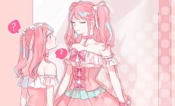 Rule 34 | 2girls, ?, bang dream!, bare shoulders, bow, bowtie, choker, clone, closed eyes, closed mouth, commentary request, dress, fresa pie, hair ribbon, long hair, looking at another, maruyama aya, multiple girls, off-shoulder dress, off shoulder, pink bow, pink bowtie, pink choker, pink dress, pink eyes, pink hair, ribbon, spoken question mark, twintails, upper body, white ribbon