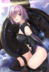 Rule 34 | 1girl, 2017, armor, armored dress, bare shoulders, blush, breasts, cloud, dated, elbow gloves, fate/grand order, fate (series), gloves, groin, hair over one eye, highres, lens flare, looking at viewer, mash kyrielight, medium breasts, messy hair, purple eyes, purple hair, rika (kowth77), shield, short hair, sketch, skindentation, smile, solo, thigh strap, thighs