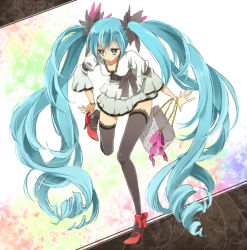 Rule 34 | 1girl, aqua eyes, aqua hair, bad id, bad pixiv id, bag, bow, bracelet, dress, female focus, full body, gradient background, hatsune miku, high heels, jewelry, lace, lace-trimmed legwear, lace trim, long hair, mino mokkori, necklace, putting on shoes, shoes, solo, thighhighs, twintails, very long hair, vocaloid, white background, world is mine (vocaloid)