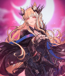 Rule 34 | 1girl, animal ear fluff, animal ears, arknights, armor, ascot, black cape, black dress, blemishine (arknights), blemishine (moon catastrborn) (arknights), blonde hair, blurry, blurry background, cape, commentary, dress, full moon, gauntlets, hair ornament, half-closed eyes, horse ears, horse girl, horse tail, looking at viewer, moon, official alternate costume, red eyes, red sky, ryuuzaki ichi, sky, smile, smirk, solo, sword, tail, weapon, white ascot
