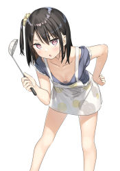 Rule 34 | 1girl, apron, bent over, black hair, bra, bra peek, breasts, cleavage, collarbone, downblouse, hair between eyes, hair ornament, hair scrunchie, hand on own hip, highres, holding, kantoku, leaning forward, long hair, looking at viewer, open mouth, original, pink eyes, print apron, scrunchie, shiny skin, shizuku (kantoku), side ponytail, simple background, small breasts, solo, standing, underwear, v-shaped eyebrows, white apron, white background, white scrunchie