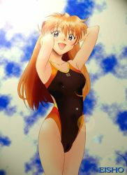 Rule 34 | 1girl, armpits, arms behind head, blue eyes, cloud, competition swimsuit, day, eisho (eisho-kan), jpeg artifacts, lens flare, neon genesis evangelion, one-piece swimsuit, orange hair, outdoors, signature, sky, smile, solo, souryuu asuka langley, swimsuit